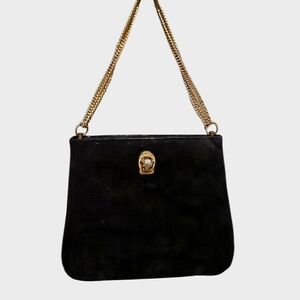 Vintage RUTH SALTZ Black Suede Shoulder Bag |Old Hollywood | Gold Chain Strap.